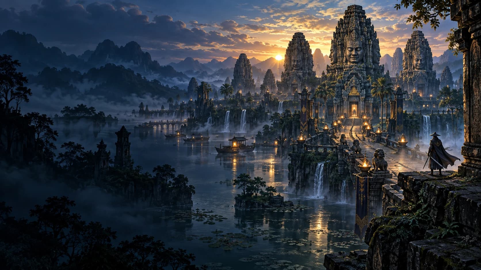 An ancient temple realm beneath a golden sky